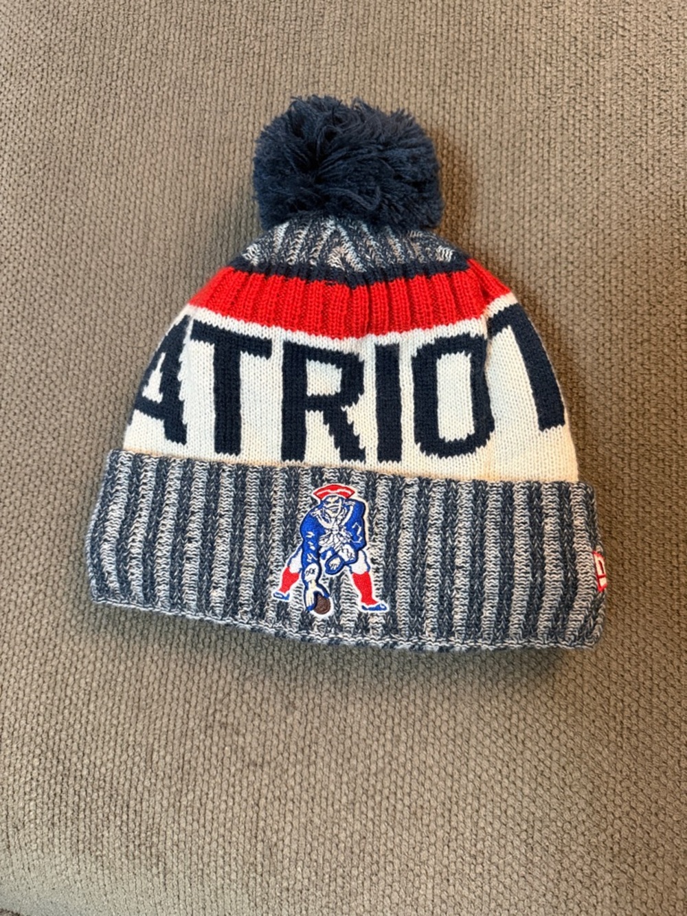 New Era Patriots Knit Pom Beanie - Navy, Red, White